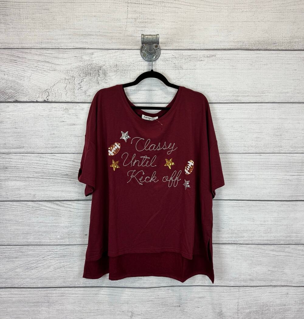 Impressions Plus Size Maroon "Classy Until Kickoff" Sequin Football Top Size 2X